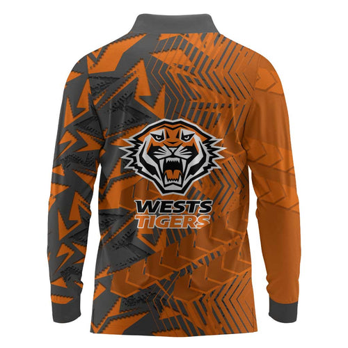 Wests Tigers Rugby Long Sleeve Polo Shirt Fierce Mascot Geometric Tribal Art