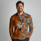 Wests Tigers Rugby Long Sleeve Polo Shirt Fierce Mascot Geometric Tribal Art