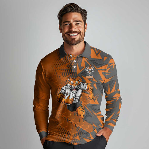 Wests Tigers Rugby Long Sleeve Polo Shirt Fierce Mascot Geometric Tribal Art