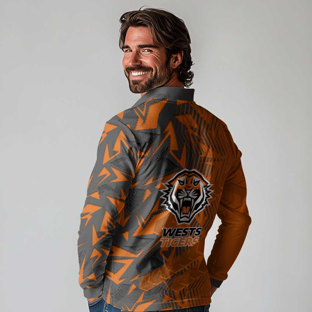 Wests Tigers Rugby Long Sleeve Polo Shirt Fierce Mascot Geometric Tribal Art