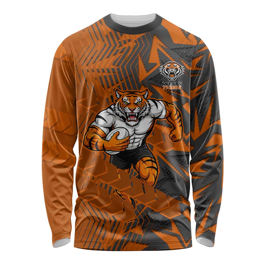 Wests Tigers Rugby Long Sleeve Shirt Fierce Mascot Geometric Tribal Art