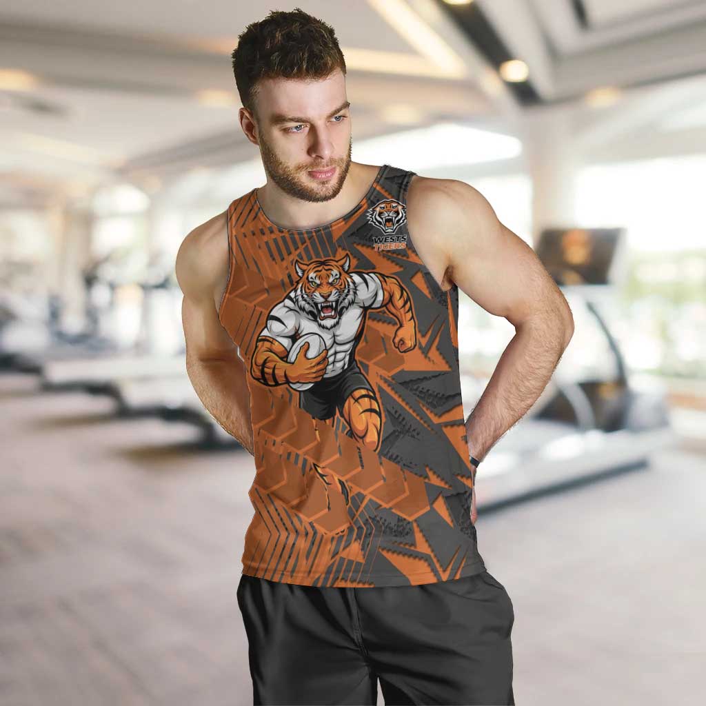 Wests Tigers Rugby Men Tank Top Fierce Mascot Geometric Tribal Art