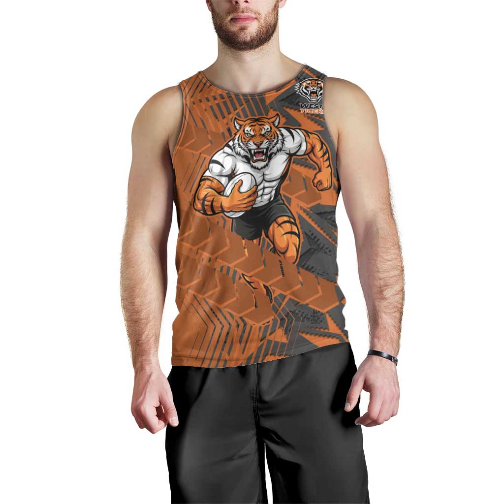 Wests Tigers Rugby Men Tank Top Fierce Mascot Geometric Tribal Art