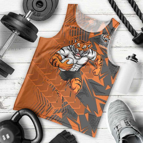 Wests Tigers Rugby Men Tank Top Fierce Mascot Geometric Tribal Art