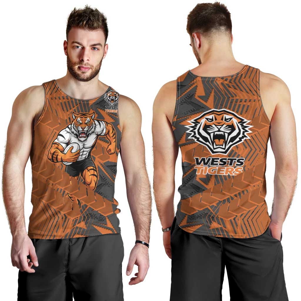Wests Tigers Rugby Men Tank Top Fierce Mascot Geometric Tribal Art