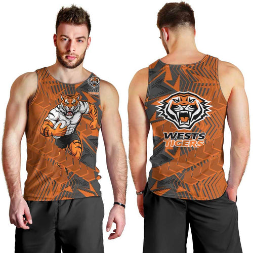 Wests Tigers Rugby Men Tank Top Fierce Mascot Geometric Tribal Art