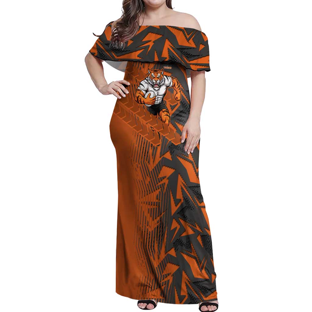 Wests Tigers Rugby Off Shoulder Maxi Dress Fierce Mascot Geometric Tribal Art