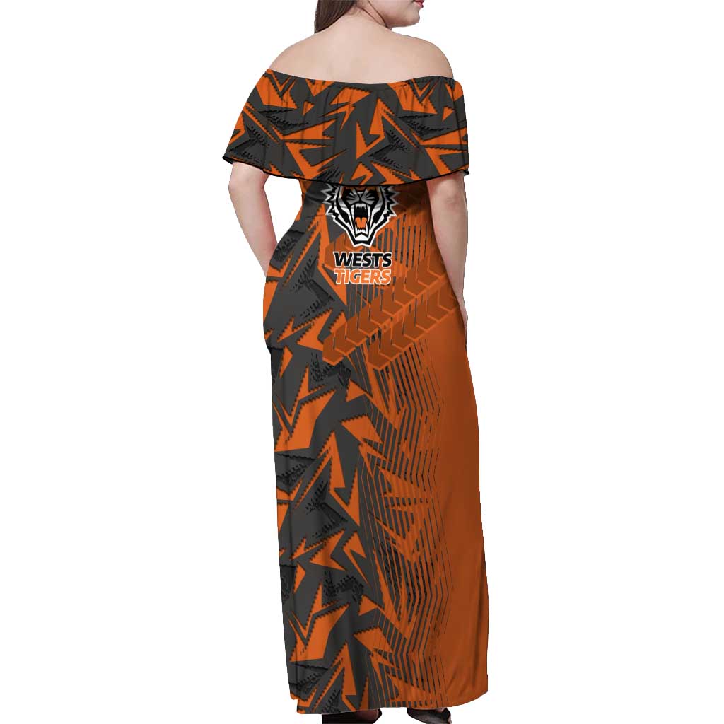 Wests Tigers Rugby Off Shoulder Maxi Dress Fierce Mascot Geometric Tribal Art