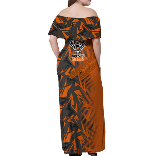 Wests Tigers Rugby Off Shoulder Maxi Dress Fierce Mascot Geometric Tribal Art