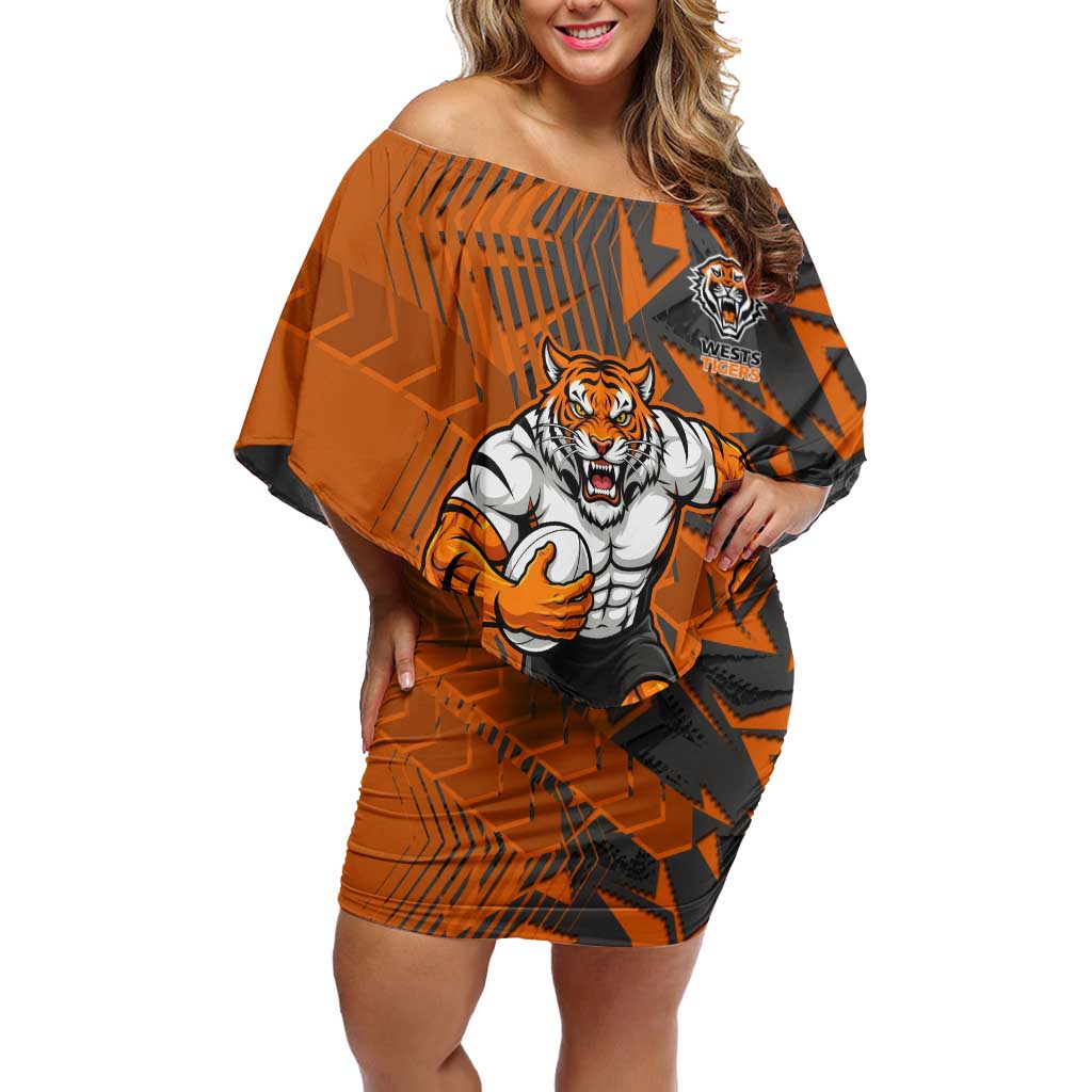 Wests Tigers Rugby Off Shoulder Short Dress Fierce Mascot Geometric Tribal Art