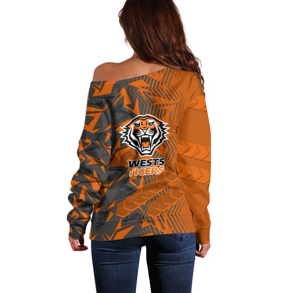 Wests Tigers Rugby Off Shoulder Sweater Fierce Mascot Geometric Tribal Art