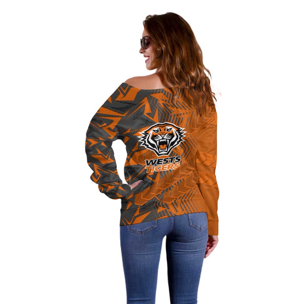 Wests Tigers Rugby Off Shoulder Sweater Fierce Mascot Geometric Tribal Art