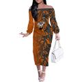 Wests Tigers Rugby Off The Shoulder Long Sleeve Dress Fierce Mascot Geometric Tribal Art