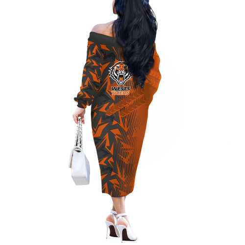 Wests Tigers Rugby Off The Shoulder Long Sleeve Dress Fierce Mascot Geometric Tribal Art