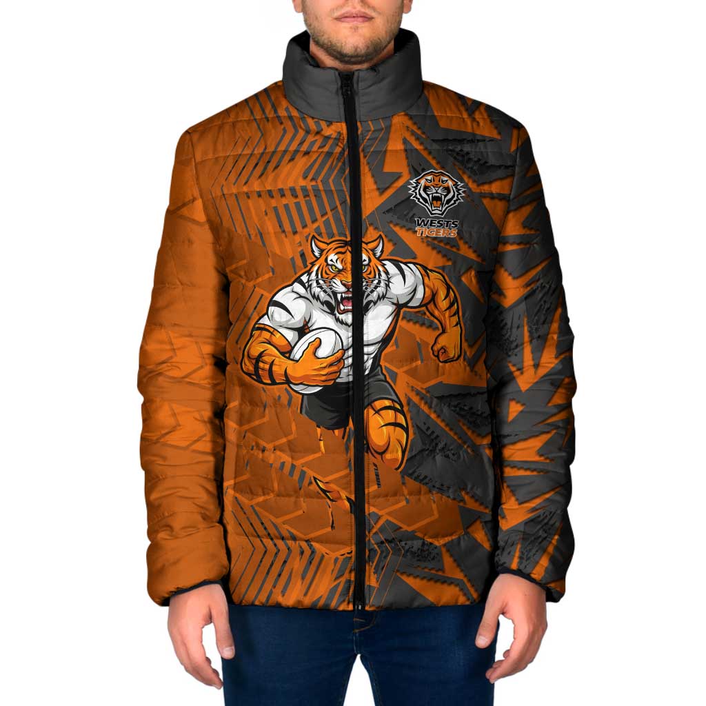 Wests Tigers Rugby Padded Jacket Fierce Mascot Geometric Tribal Art