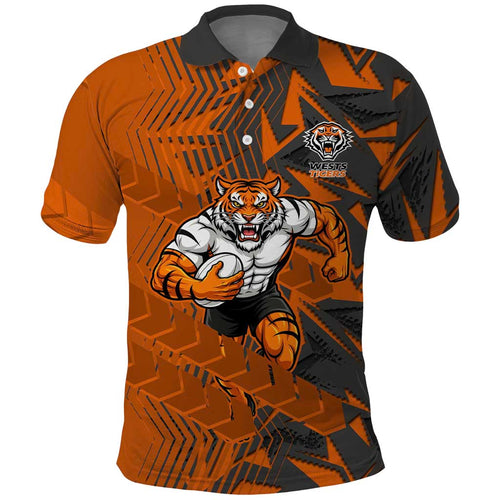Wests Tigers Rugby Polo Shirt Fierce Mascot Geometric Tribal Art