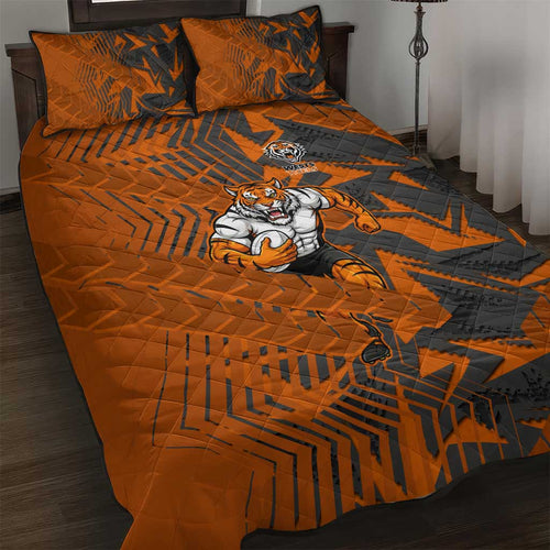 Wests Tigers Rugby Quilt Bed Set Fierce Mascot Geometric Tribal Art