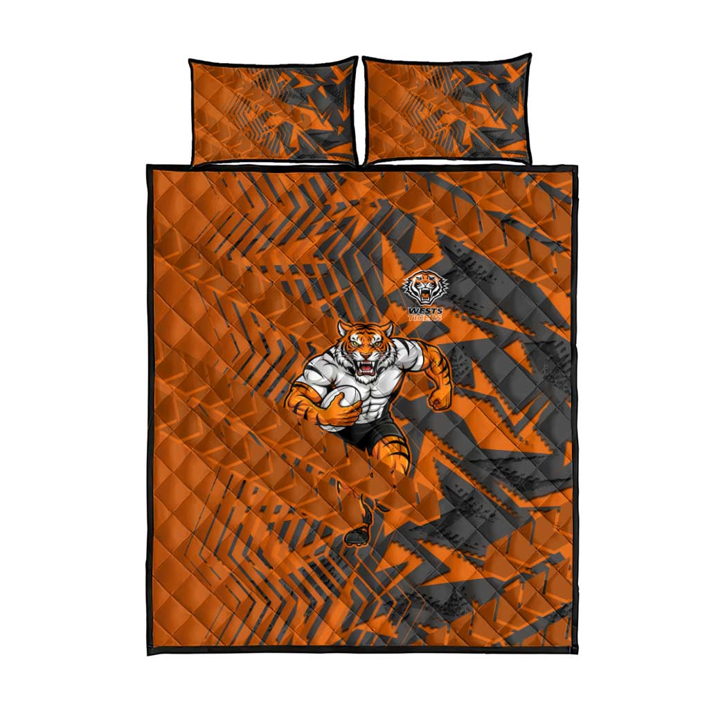 Wests Tigers Rugby Quilt Bed Set Fierce Mascot Geometric Tribal Art