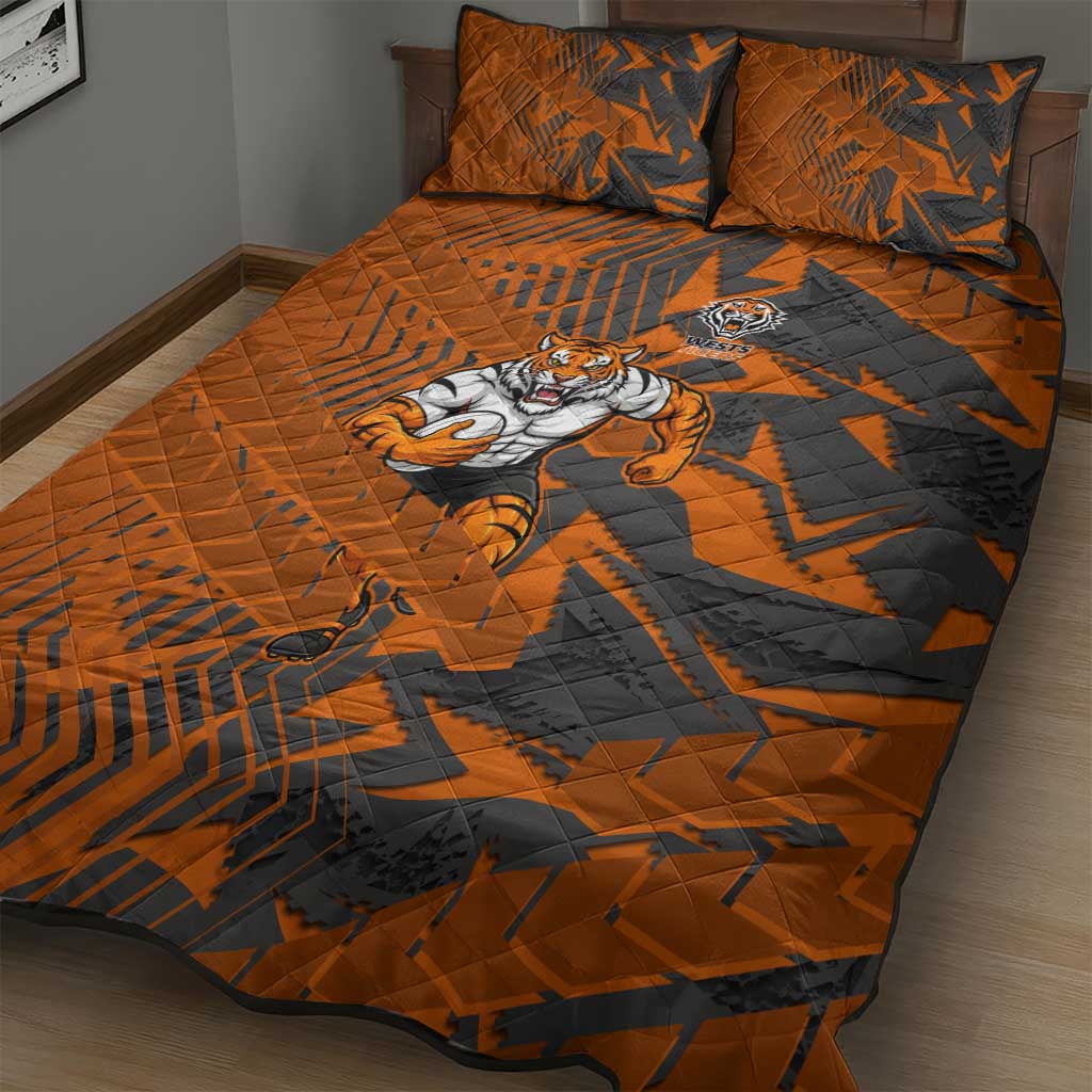 Wests Tigers Rugby Quilt Bed Set Fierce Mascot Geometric Tribal Art