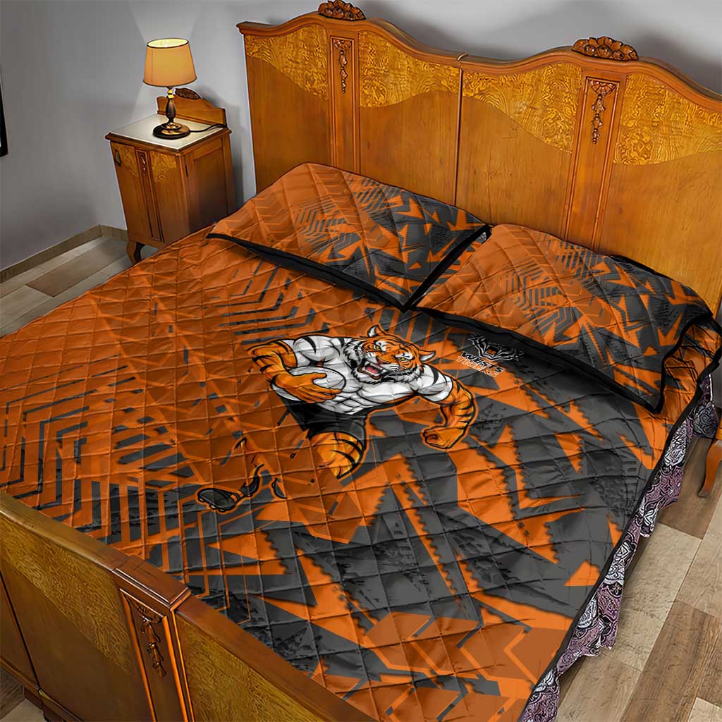 Wests Tigers Rugby Quilt Bed Set Fierce Mascot Geometric Tribal Art