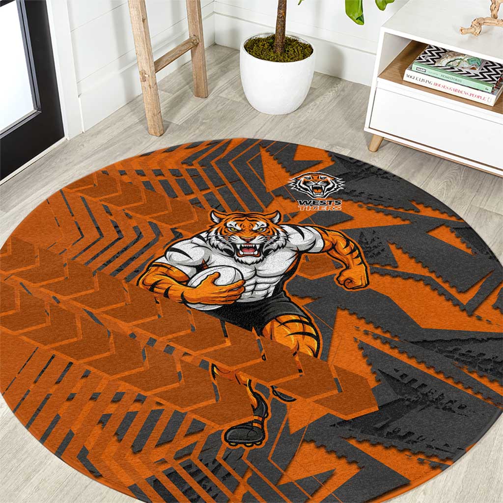 Wests Tigers Rugby Round Carpet Fierce Mascot Geometric Tribal Art