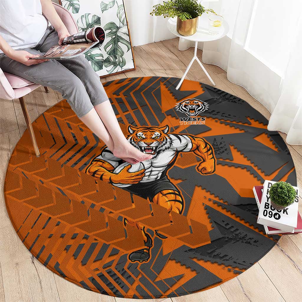 Wests Tigers Rugby Round Carpet Fierce Mascot Geometric Tribal Art