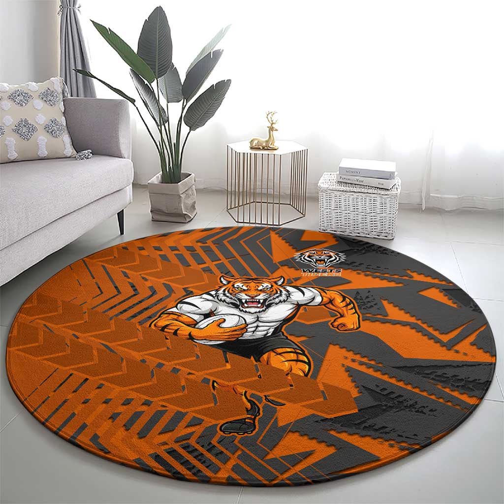 Wests Tigers Rugby Round Carpet Fierce Mascot Geometric Tribal Art