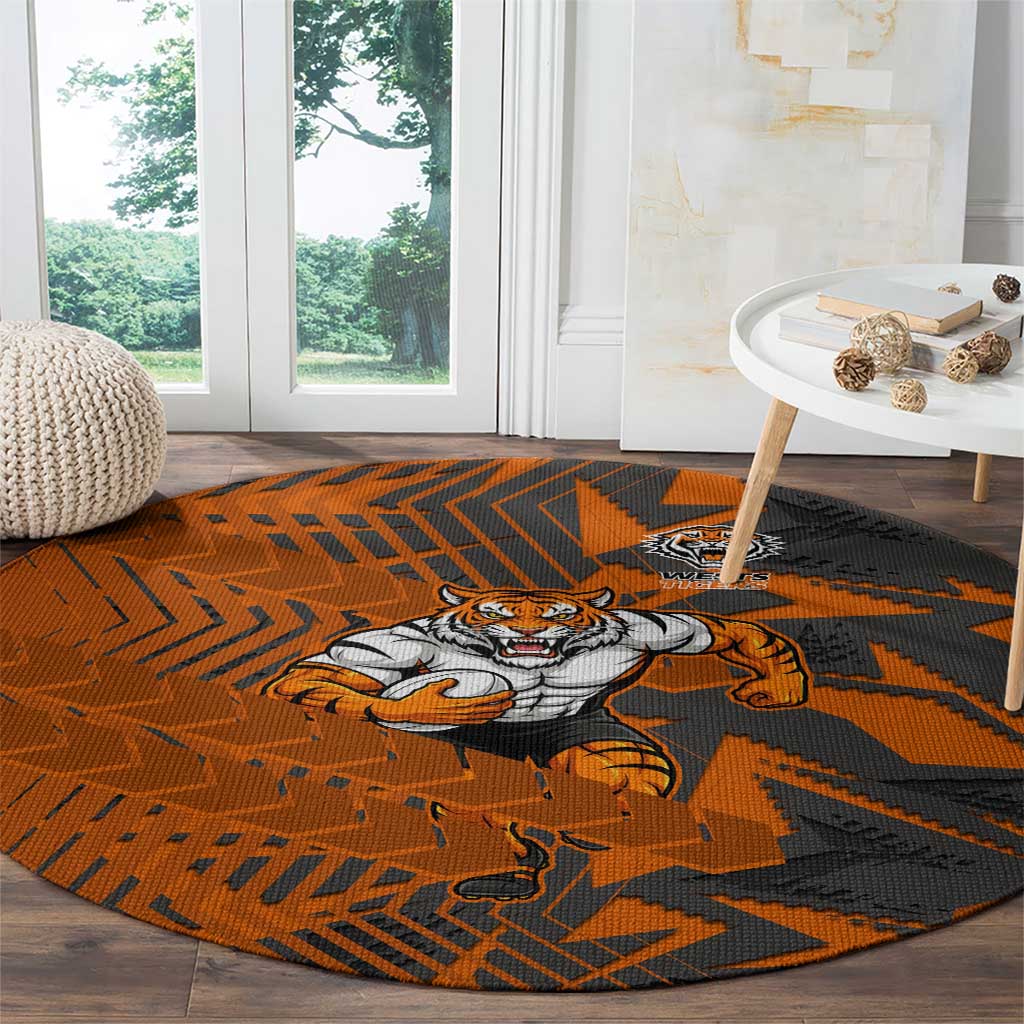 Wests Tigers Rugby Round Carpet Fierce Mascot Geometric Tribal Art