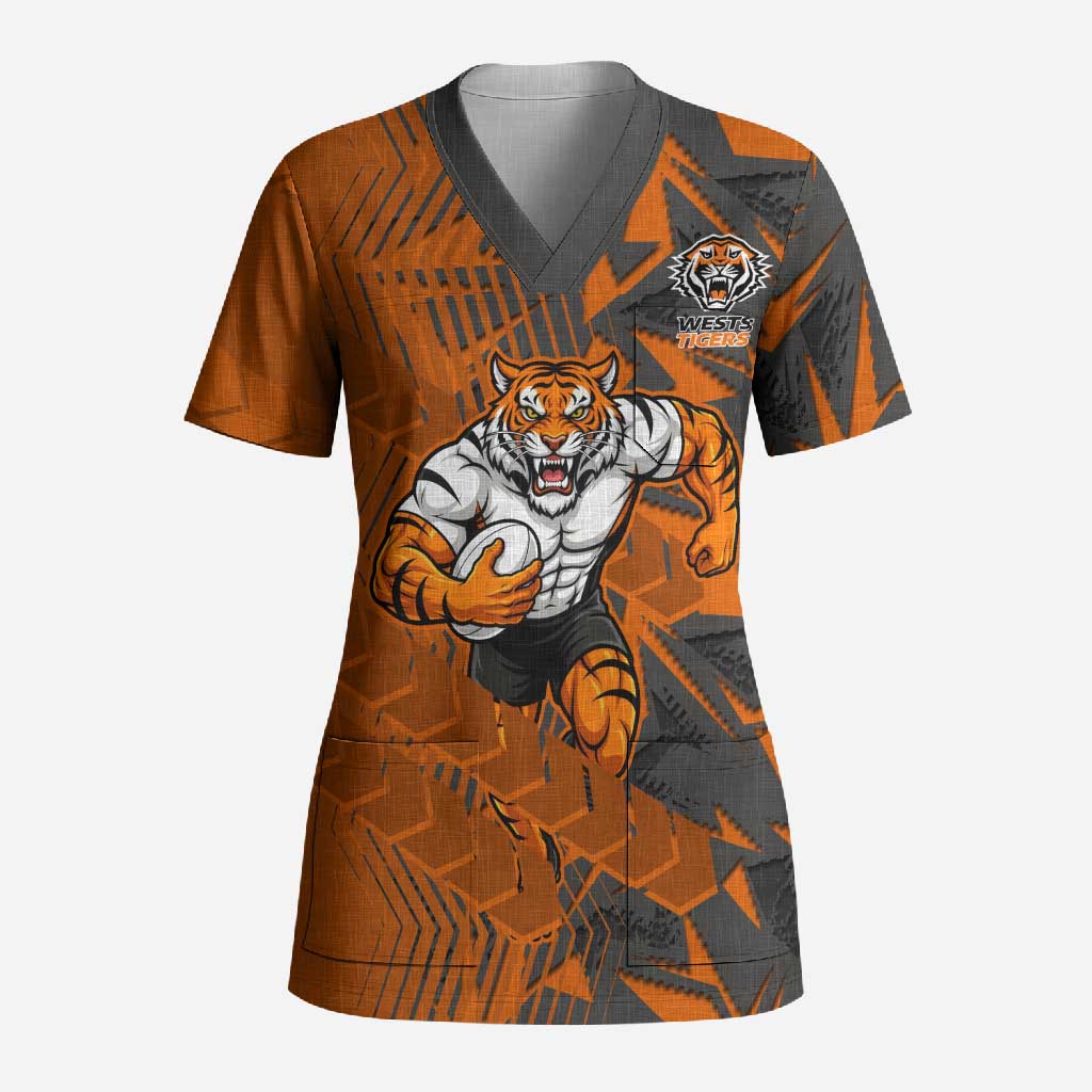 Wests Tigers Rugby Scrub Top Fierce Mascot Geometric Tribal Art