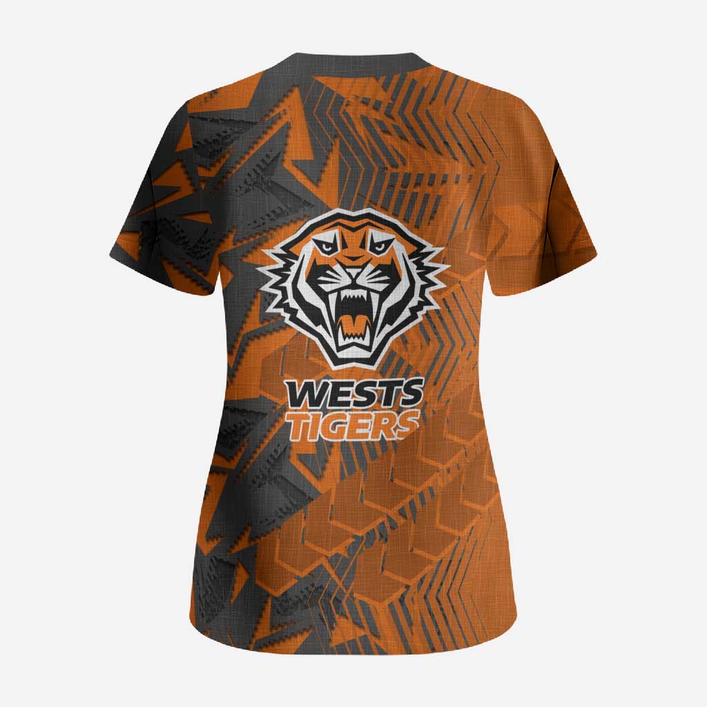 Wests Tigers Rugby Scrub Top Fierce Mascot Geometric Tribal Art