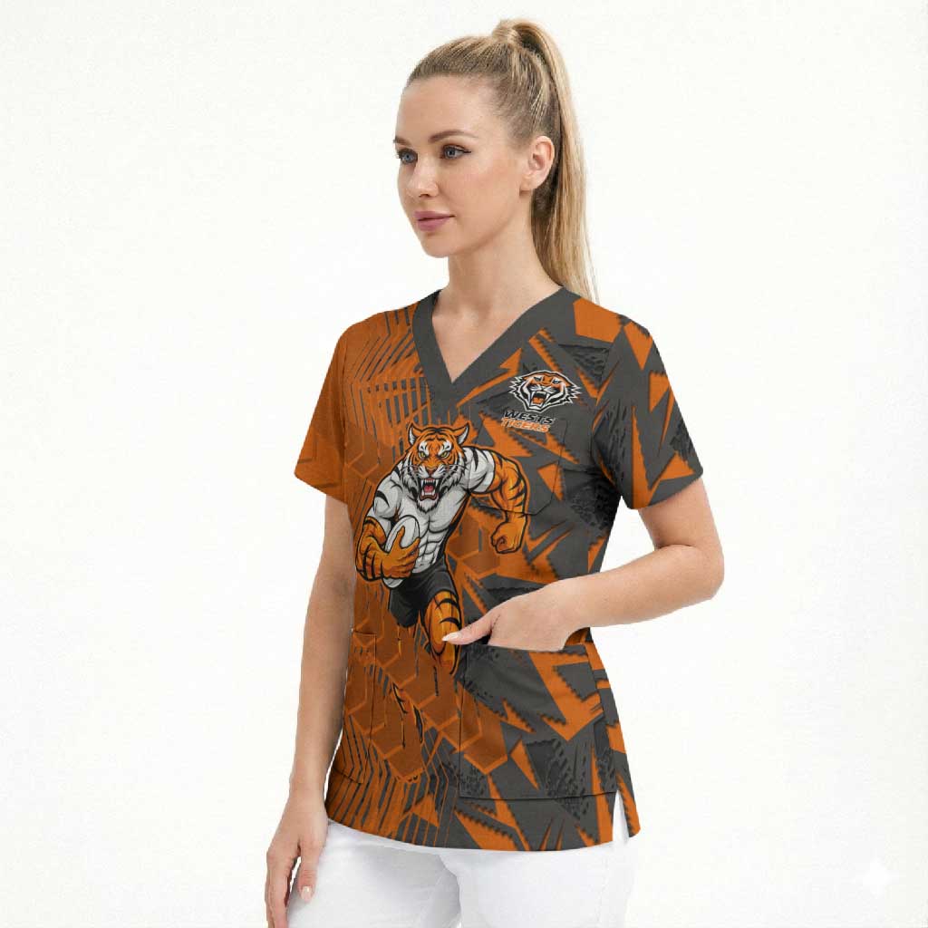 Wests Tigers Rugby Scrub Top Fierce Mascot Geometric Tribal Art