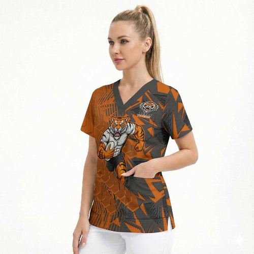 Wests Tigers Rugby Scrub Top Fierce Mascot Geometric Tribal Art