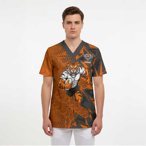 Wests Tigers Rugby Scrub Top Fierce Mascot Geometric Tribal Art