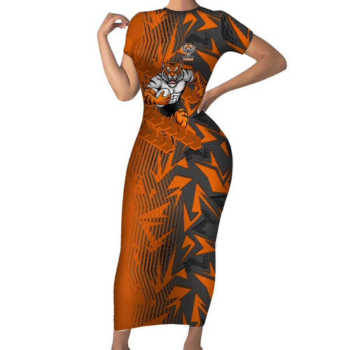 Wests Tigers Rugby Short Sleeve Bodycon Dress Fierce Mascot Geometric Tribal Art