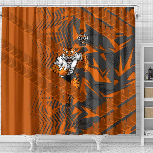 Wests Tigers Rugby Shower Curtain Fierce Mascot Geometric Tribal Art