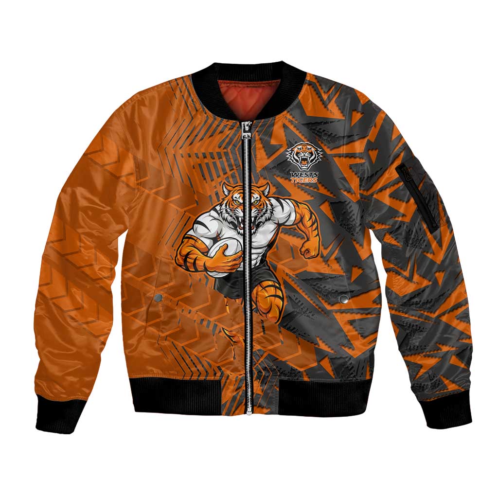 Wests Tigers Rugby Sleeve Zip Bomber Jacket Fierce Mascot Geometric Tribal Art