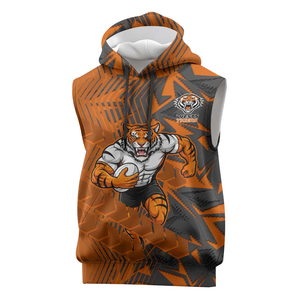 Wests Tigers Rugby Sleeveless Hoodie Fierce Mascot Geometric Tribal Art