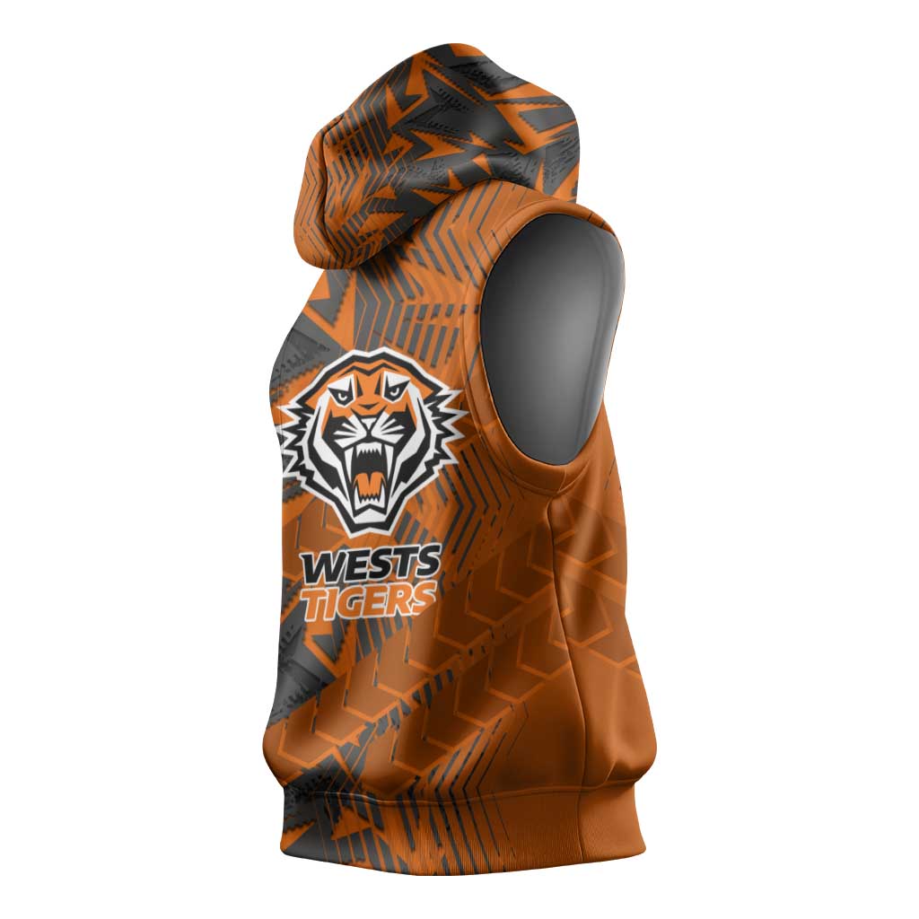 Wests Tigers Rugby Sleeveless Hoodie Fierce Mascot Geometric Tribal Art