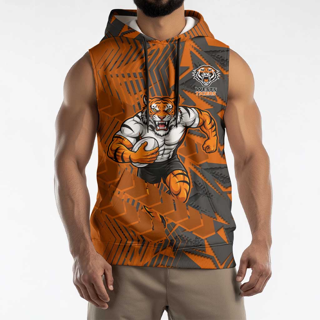 Wests Tigers Rugby Sleeveless Hoodie Fierce Mascot Geometric Tribal Art