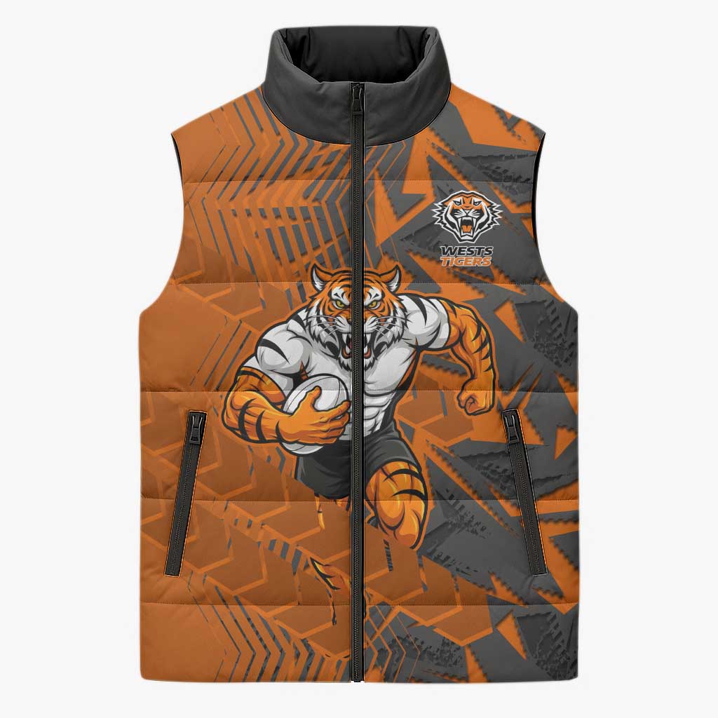 Wests Tigers Rugby Sleeveless Puffer Jacket Fierce Mascot Geometric Tribal Art