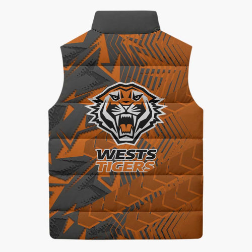 Wests Tigers Rugby Sleeveless Puffer Jacket Fierce Mascot Geometric Tribal Art