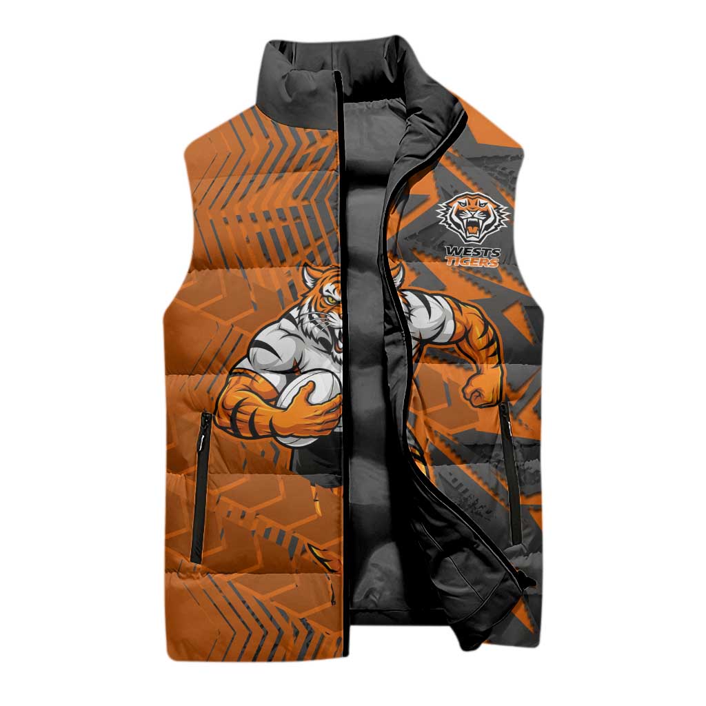 Wests Tigers Rugby Sleeveless Puffer Jacket Fierce Mascot Geometric Tribal Art
