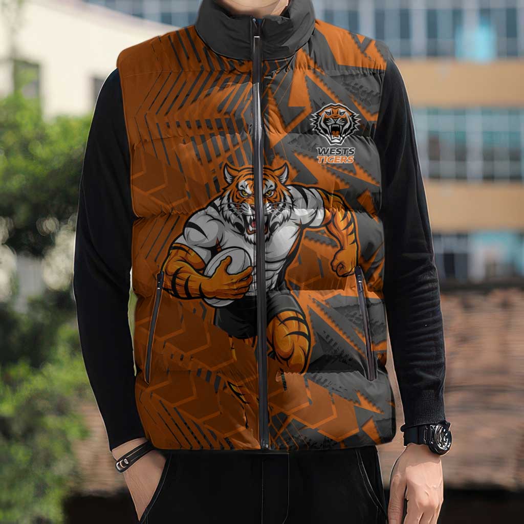 Wests Tigers Rugby Sleeveless Puffer Jacket Fierce Mascot Geometric Tribal Art