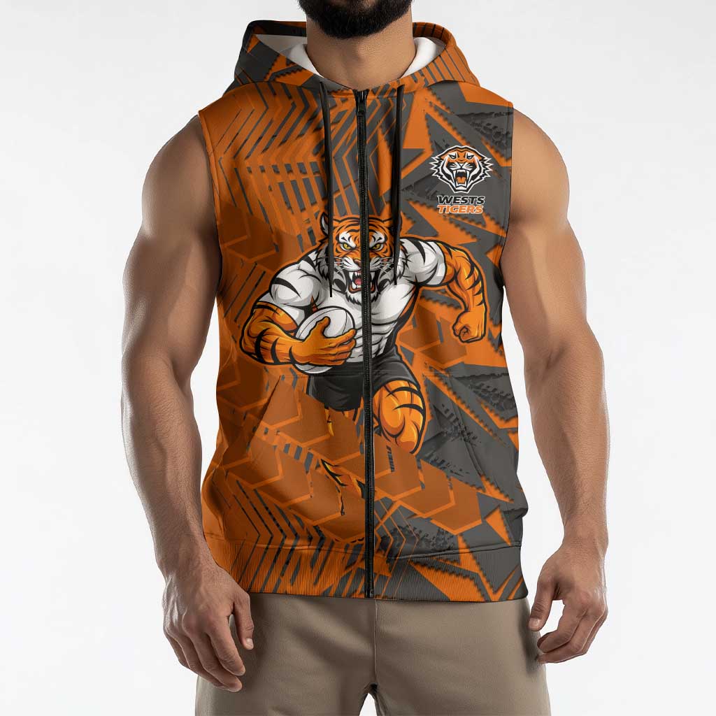 Wests Tigers Rugby Sleeveless Zip Hoodie Fierce Mascot Geometric Tribal Art