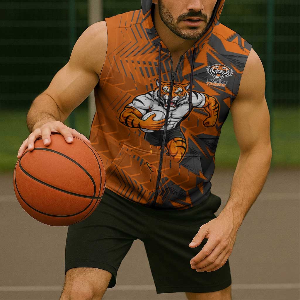Wests Tigers Rugby Sleeveless Zip Hoodie Fierce Mascot Geometric Tribal Art