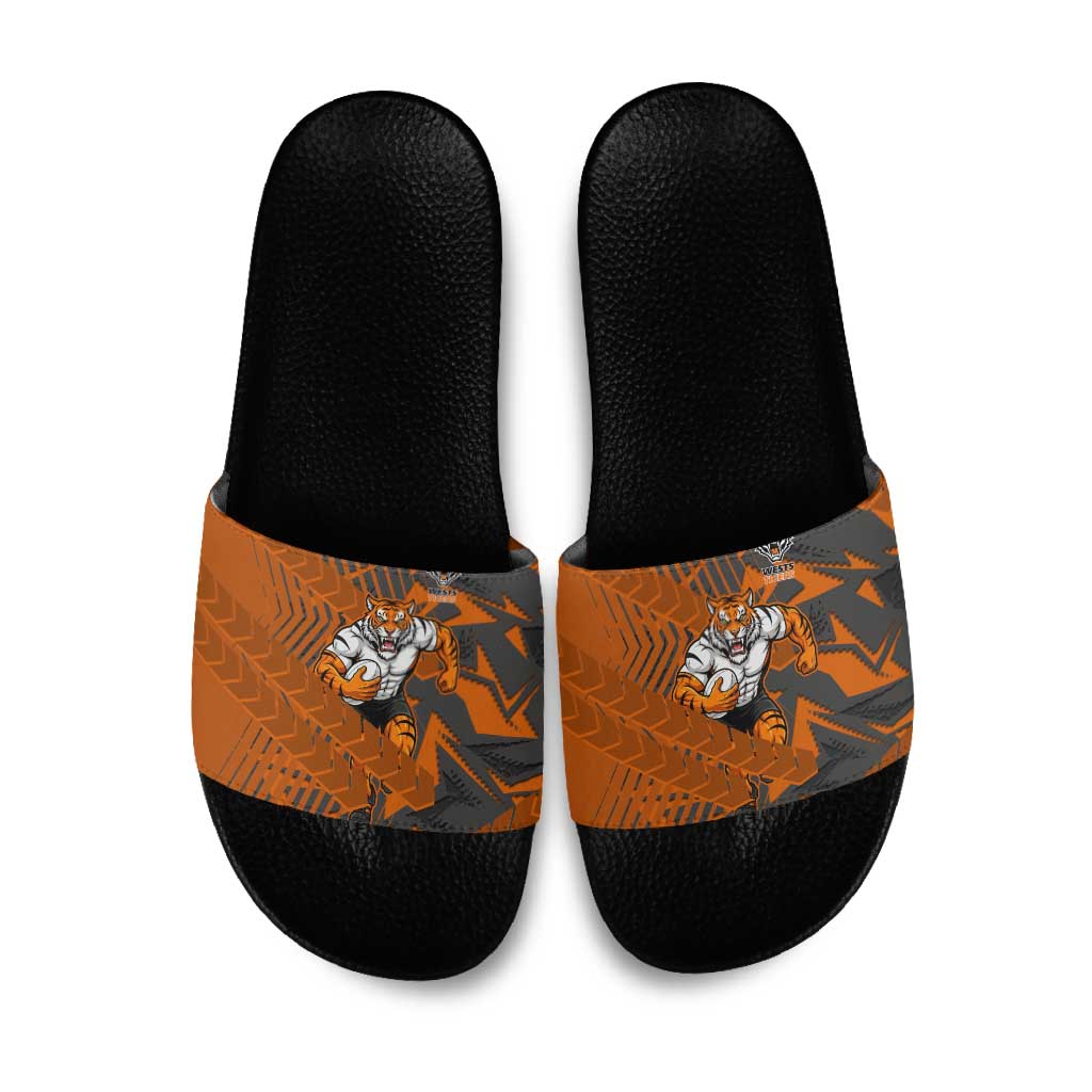 Wests Tigers Rugby Slide Sandals Fierce Mascot Geometric Tribal Art