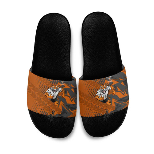 Wests Tigers Rugby Slide Sandals Fierce Mascot Geometric Tribal Art