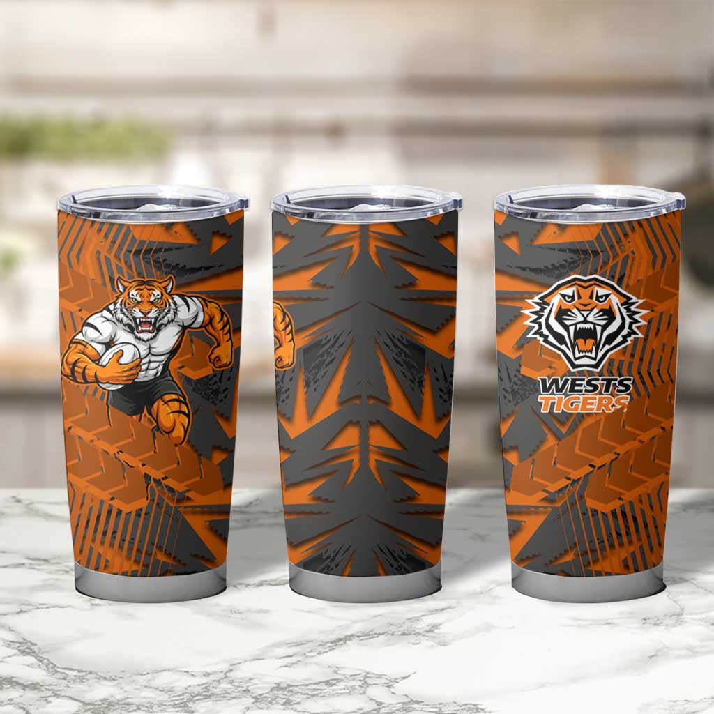 Wests Tigers Rugby Tumbler Cup Fierce Mascot Geometric Tribal Art