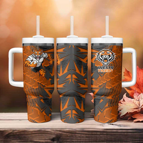 Wests Tigers Rugby Tumbler With Handle Fierce Mascot Geometric Tribal Art