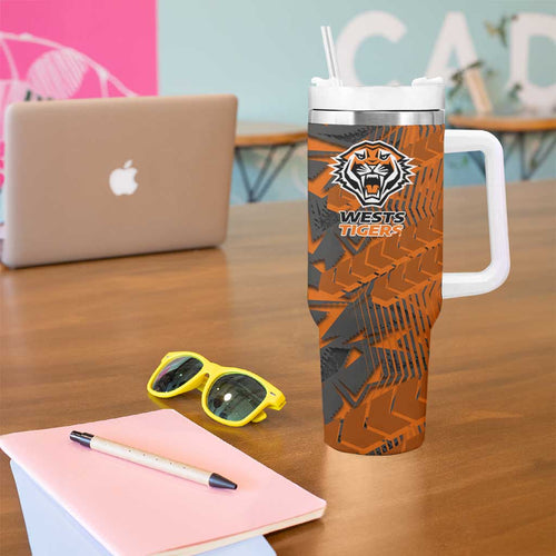 Wests Tigers Rugby Tumbler With Handle Fierce Mascot Geometric Tribal Art